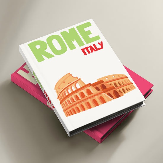 Personalized travel album with a minimalist Rome, Italy, Colosseum cover design, ideal for preserving trip memories.